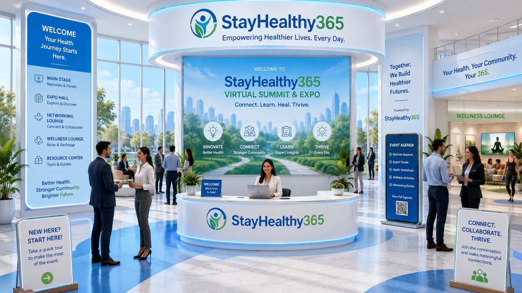 StayHealthy365 Virtual Summit & Expo welcome lobby showing reception desk, navigation panels, and wellness community engagement areas